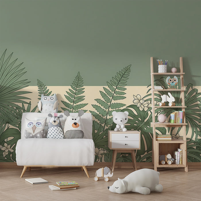 Papel de parede para quarto de bebé | Foliagem tropical e flores delicadas sobre um fundo suave