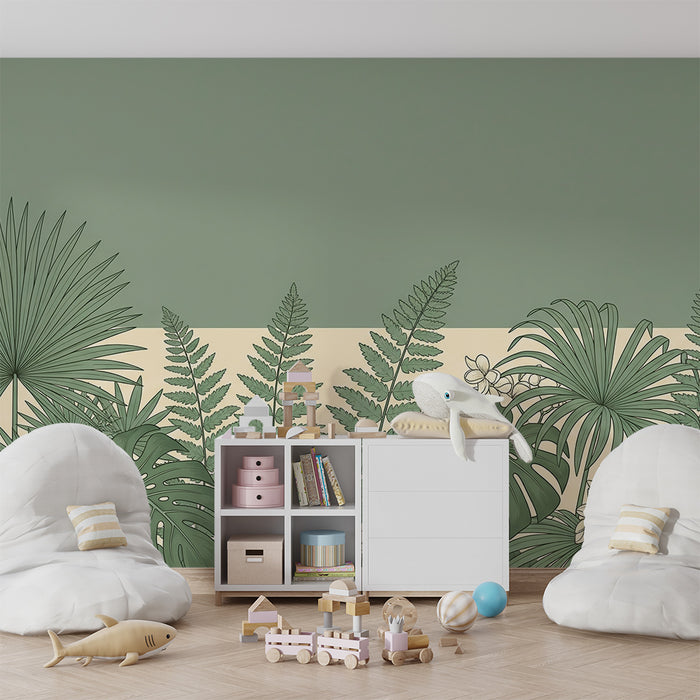 Papel de parede para quarto de bebé | Foliagem tropical e flores delicadas sobre um fundo suave
