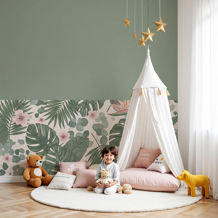 Papel de parede para quarto de bebé | Folhagem tropical e flores delicadas sobre fundo pastel