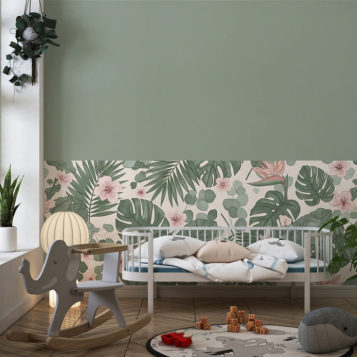 Papel de parede para quarto de bebé | Folhagem tropical e flores delicadas sobre fundo pastel