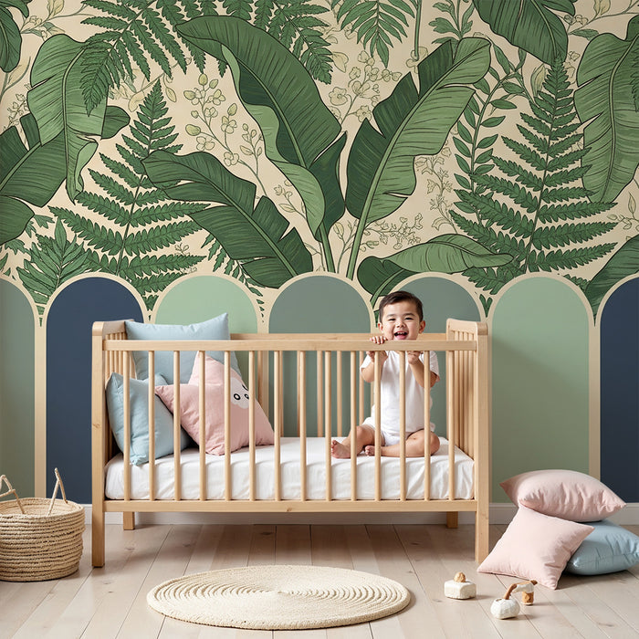 Papel de parede para quarto de bebé | Folhagem tropical e tons suaves
