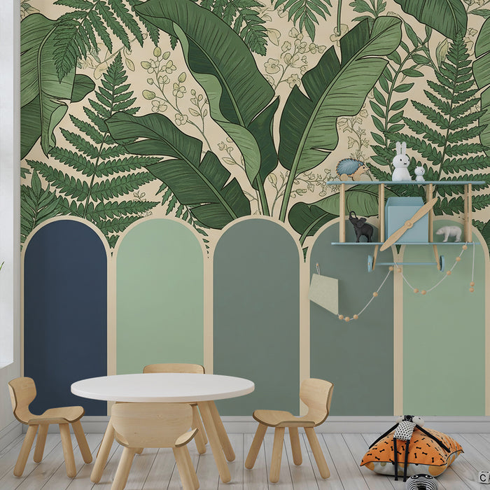 Papel de parede para quarto de bebé | Folhagem tropical e tons suaves