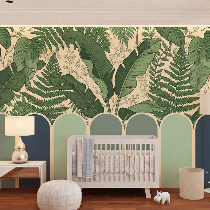 Papel de parede para quarto de bebé | Folhagem tropical e tons suaves