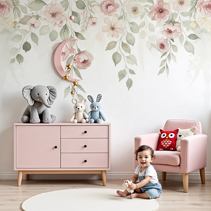 Nursery room wallpaper | Vintage watercolor foliage