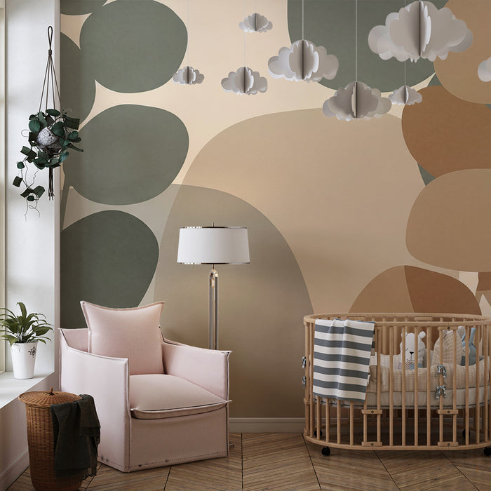 Papel de parede para quarto de bebé | Folhas abstratas em tons suaves e naturais
