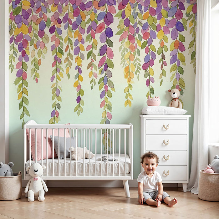 Behang voor babykamer | Kleurrijke bladeren in een zachte cascade