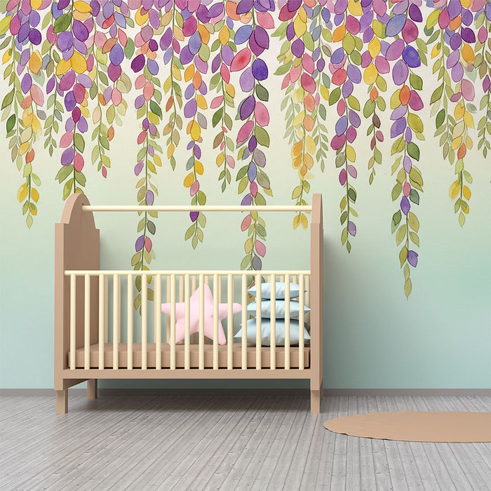 Behang voor babykamer | Kleurrijke bladeren in een zachte cascade