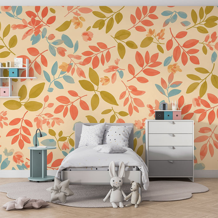 Børneværelse tapet | Farverige blade og bløde blomstermotiver