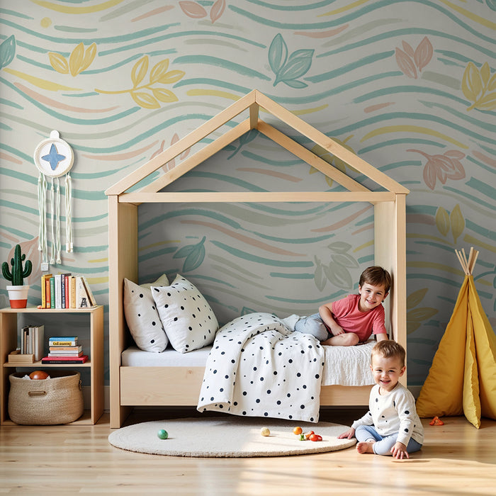 Lastenhuoneen tapetti | Värikkäät lehdet pastellisella aalloilla taustalla