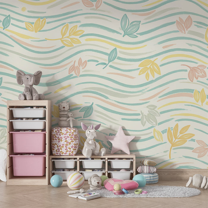 Lastenhuoneen tapetti | Värikkäät lehdet pastellisella aalloilla taustalla