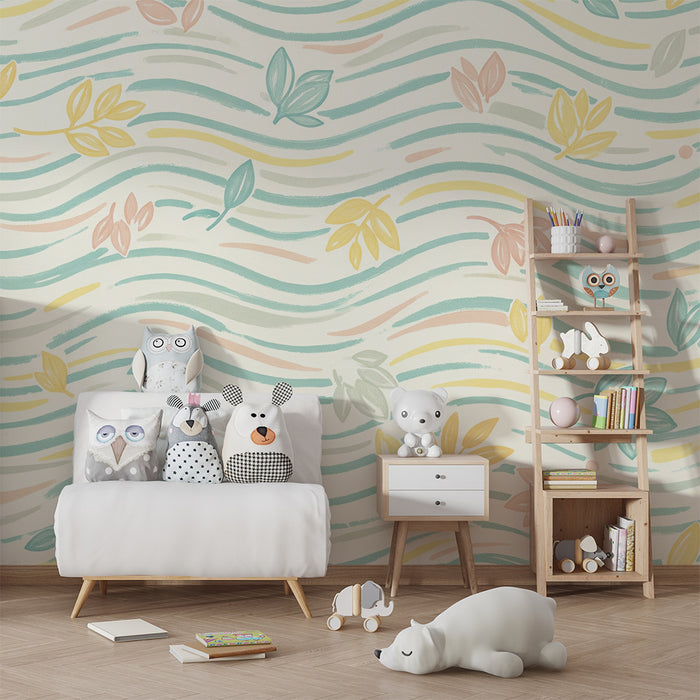 Lastenhuoneen tapetti | Värikkäät lehdet pastellisella aalloilla taustalla