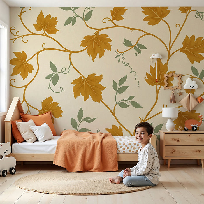 Papier peint chambre bébé | Feuilles d'automne dorées sur fond crème