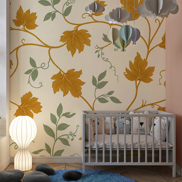 Papier peint chambre bébé | Feuilles d'automne dorées sur fond crème