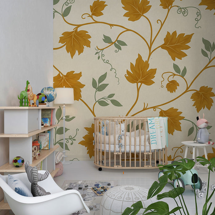 Papier peint chambre bébé | Feuilles d'automne dorées sur fond crème
