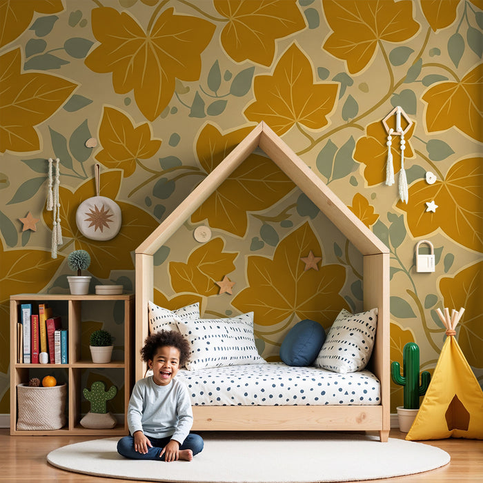 Papier peint chambre bébé | Feuilles d'érable dorées sur fond doux
