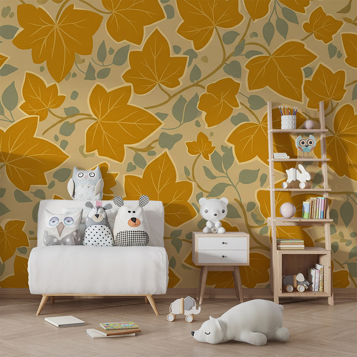 Papier peint chambre bébé | Feuilles d'érable dorées sur fond doux