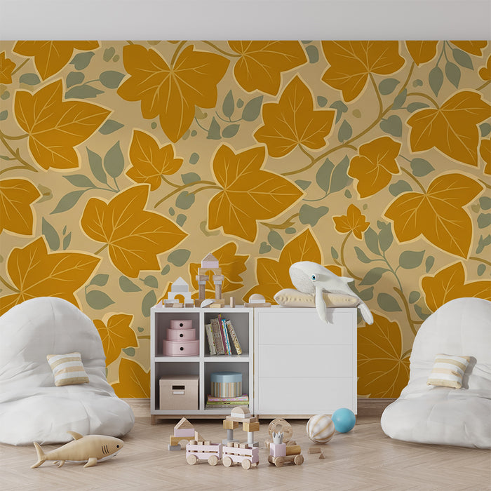 Papier peint chambre bébé | Feuilles d'érable dorées sur fond doux