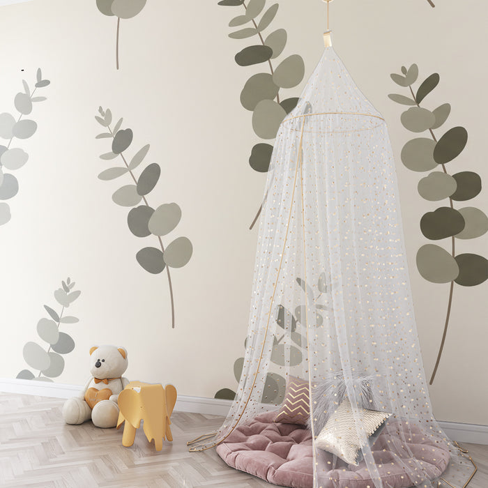 Papel de parede para quarto de bebé | Folhas de eucalipto em tons suaves