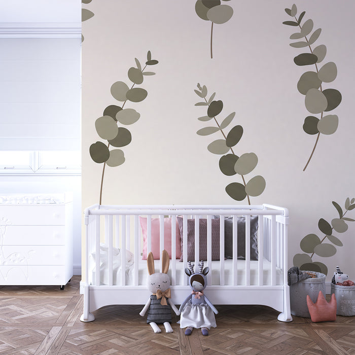 Papel de parede para quarto de bebé | Folhas de eucalipto em tons suaves