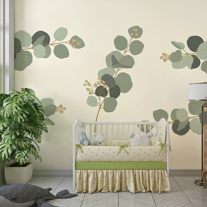 Papier peint chambre bébé | Feuilles d’eucalyptus délicates sur fond clair