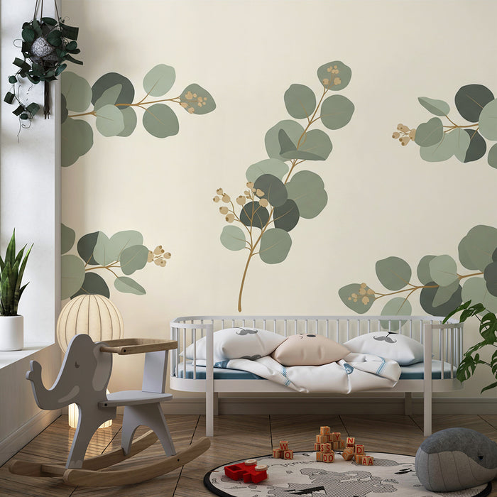 Papier peint chambre bébé | Feuilles d’eucalyptus délicates sur fond clair