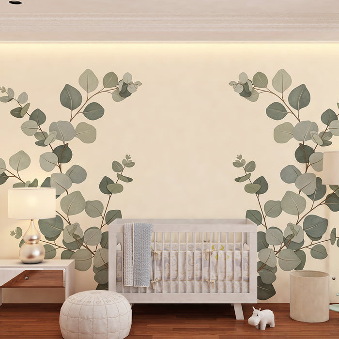 Papel de parede para quarto de bebé | Folhas delicadas de eucalipto sobre fundo suave