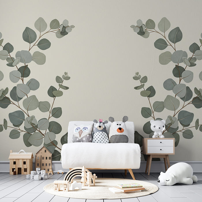 Papel de parede para quarto de bebé | Folhas delicadas de eucalipto sobre fundo suave