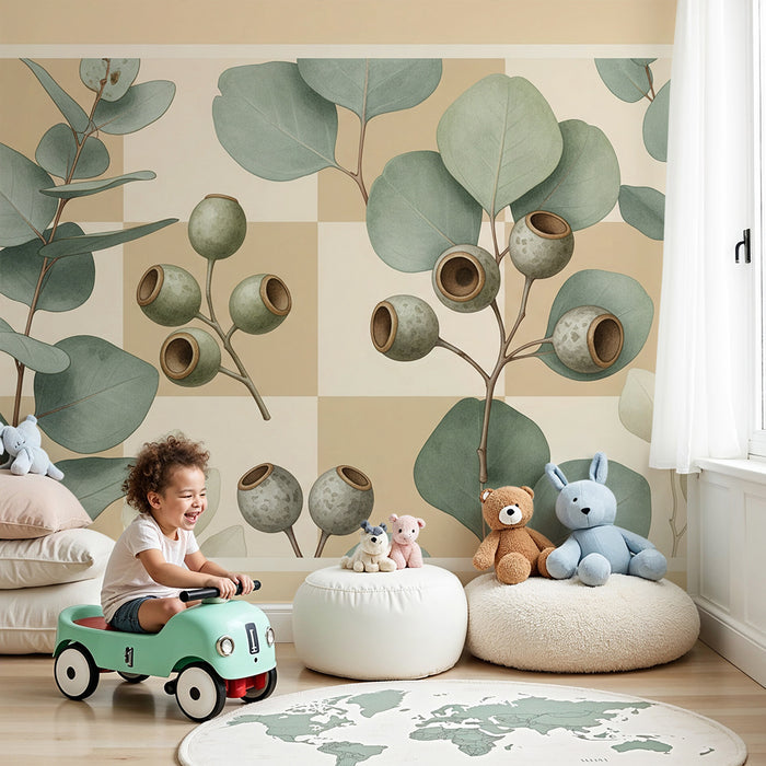 Papel de parede para quarto de bebé | Folhas de eucalipto e bagas em tons suaves
