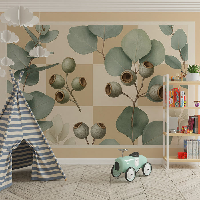 Papel de parede para quarto de bebé | Folhas de eucalipto e bagas em tons suaves