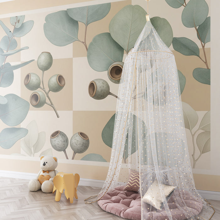 Papel de parede para quarto de bebé | Folhas de eucalipto e bagas em tons suaves