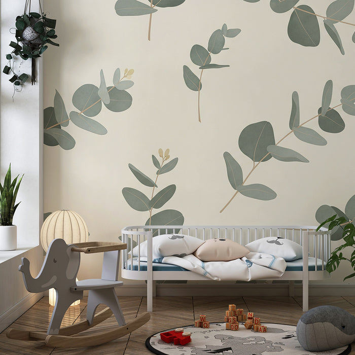 Papel de parede para quarto de bebé | Folhas de eucalipto sobre fundo claro