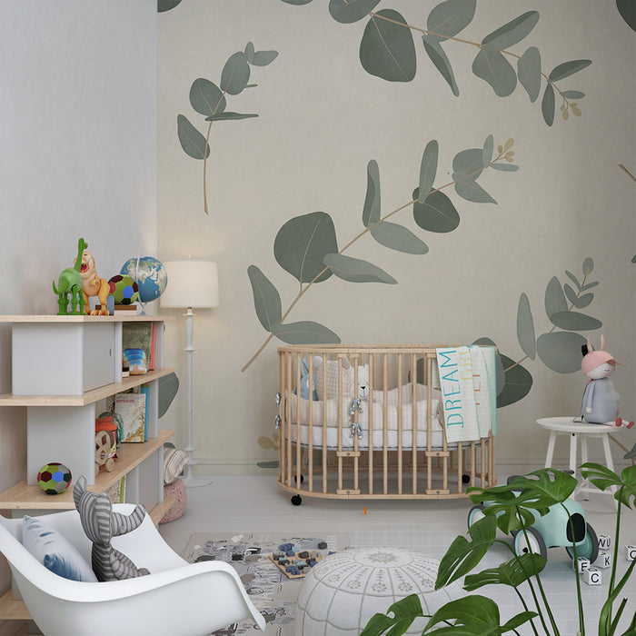 Papel de parede para quarto de bebé | Folhas de eucalipto sobre fundo claro