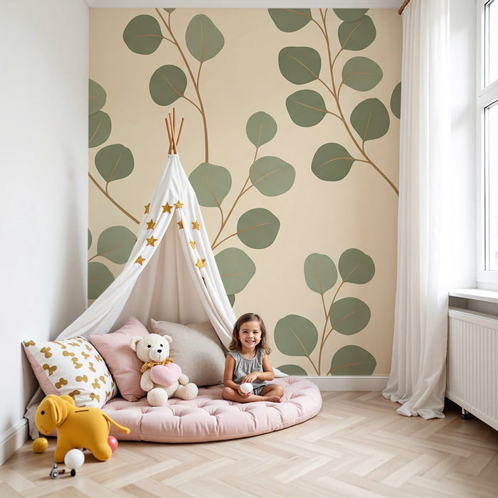 Papel de parede para quarto de bebé | Folhas de eucalipto sobre fundo creme