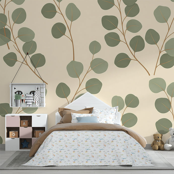 Papel de parede para quarto de bebé | Folhas de eucalipto sobre fundo creme