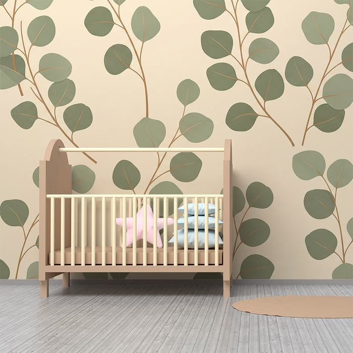 Papel de parede para quarto de bebé | Folhas de eucalipto sobre fundo creme