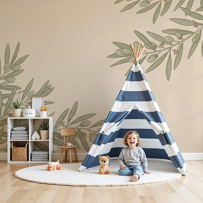 Lastenhuoneen tapetti | Herkät oliivinlehdet pehmeällä taustalla