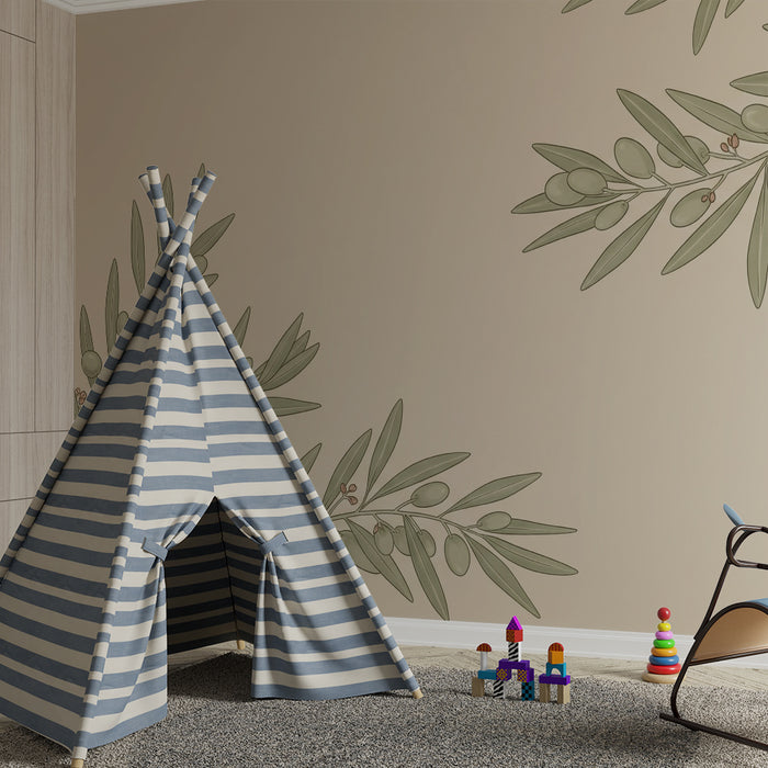 Lastenhuoneen tapetti | Herkät oliivinlehdet pehmeällä taustalla