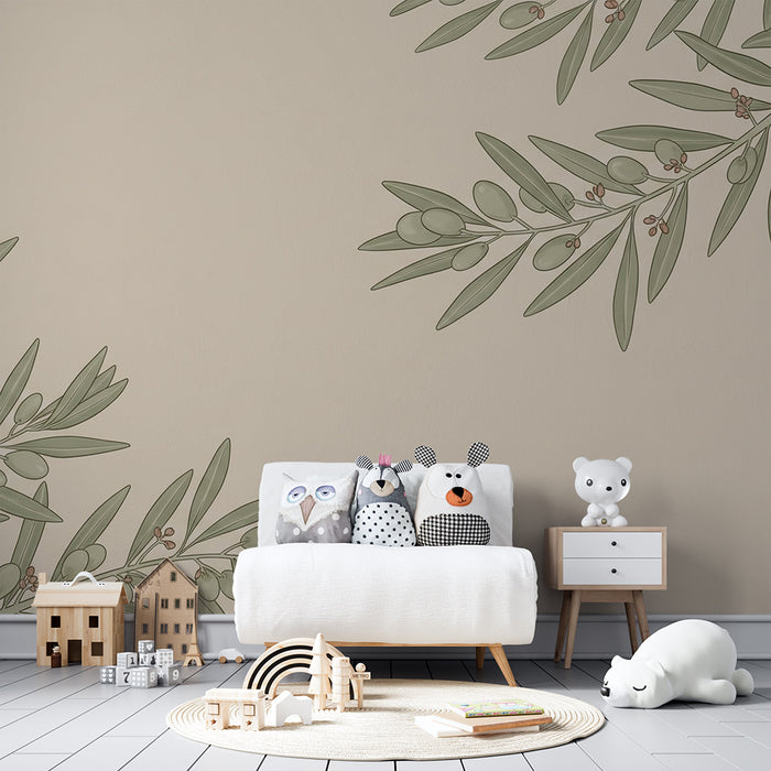 Lastenhuoneen tapetti | Herkät oliivinlehdet pehmeällä taustalla