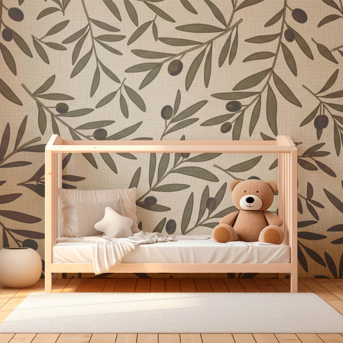 Børneværelse tapet | Olivenblade på beige baggrund