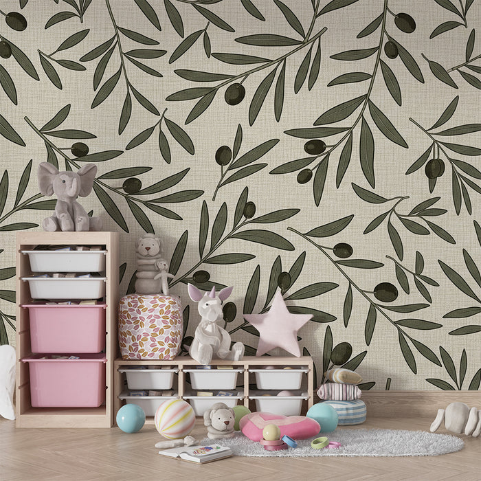 Børneværelse tapet | Olivenblade på beige baggrund