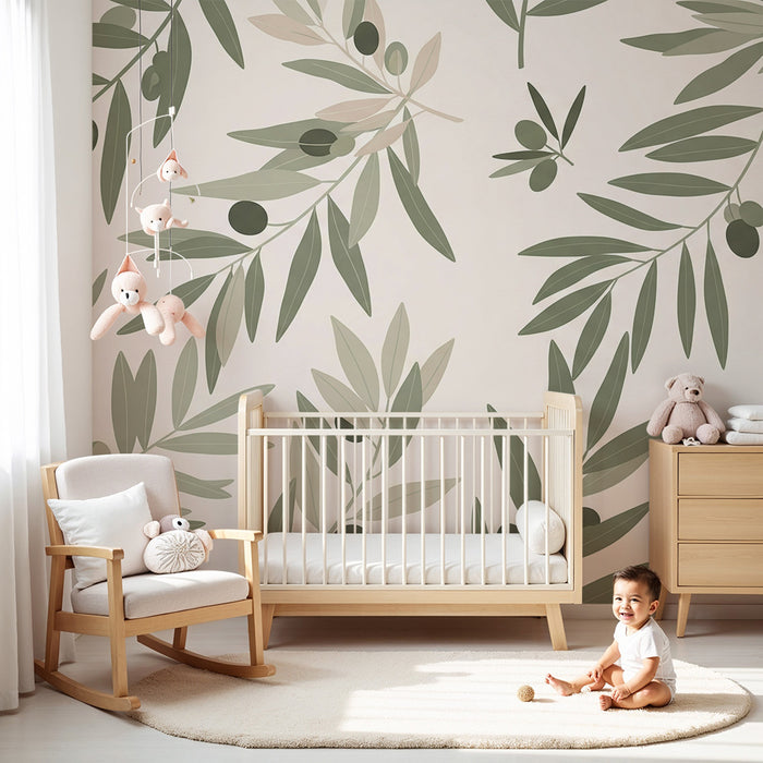 Papel de perete cameră bebeluși | Frunze de măslin pe fundal moale