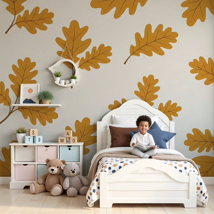 Papier peint chambre bébé | Feuilles de chêne dorées sur fond crème
