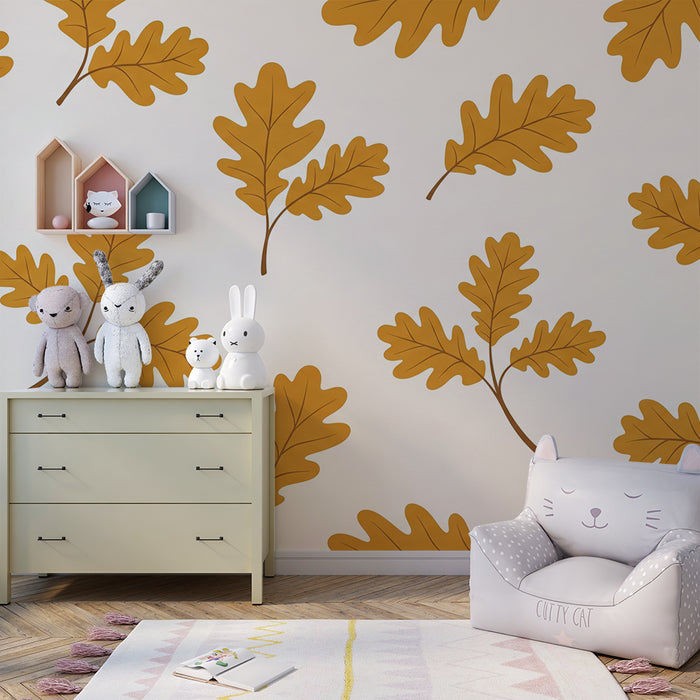 Papier peint chambre bébé | Feuilles de chêne dorées sur fond crème