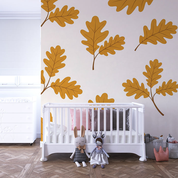 Papier peint chambre bébé | Feuilles de chêne dorées sur fond crème