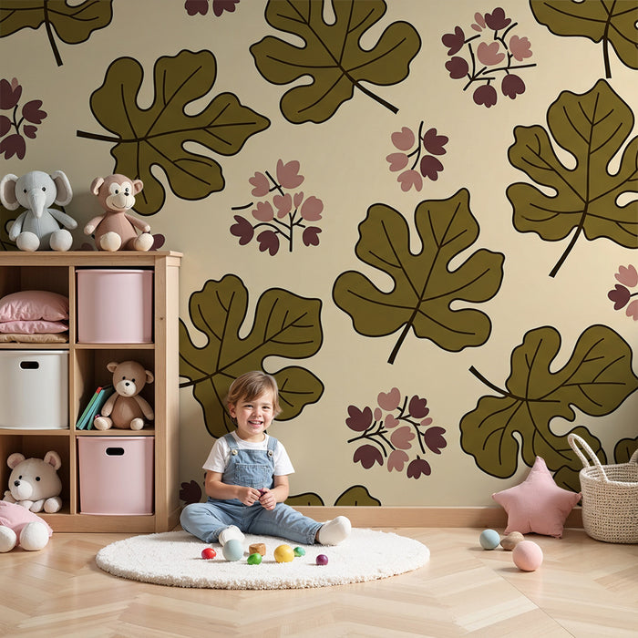 Papel de parede quarto bebê | Listovi figov in nežni cvetovi na bež ozadju