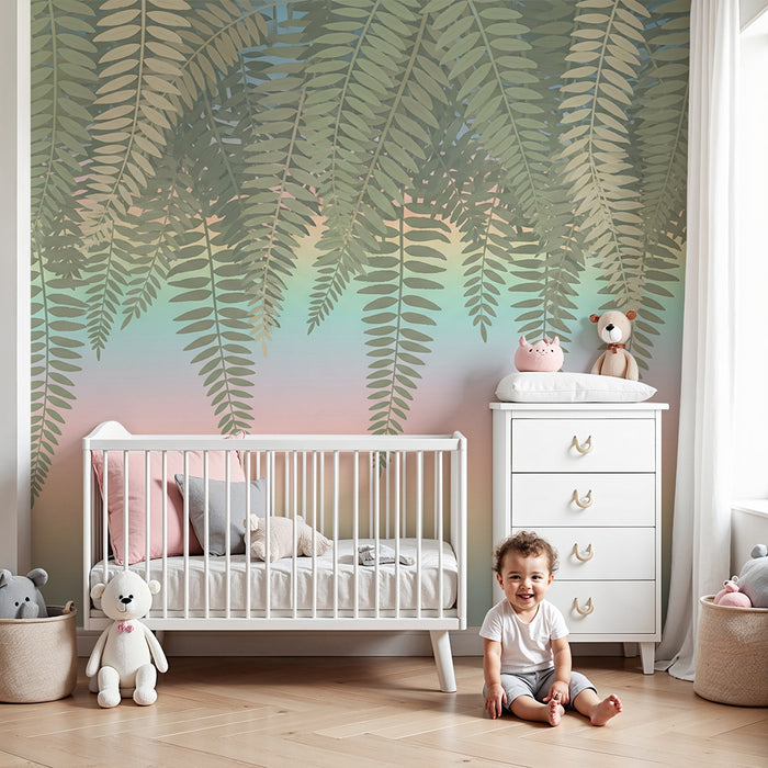 Carta da parati bambini | Foglie di felce e sfumature pastello