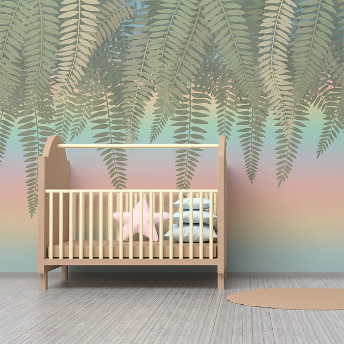 Carta da parati bambini | Foglie di felce e sfumature pastello