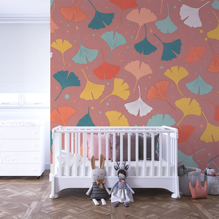Babyromspapir | Fargede ginkgoblader på rosa bakgrunn