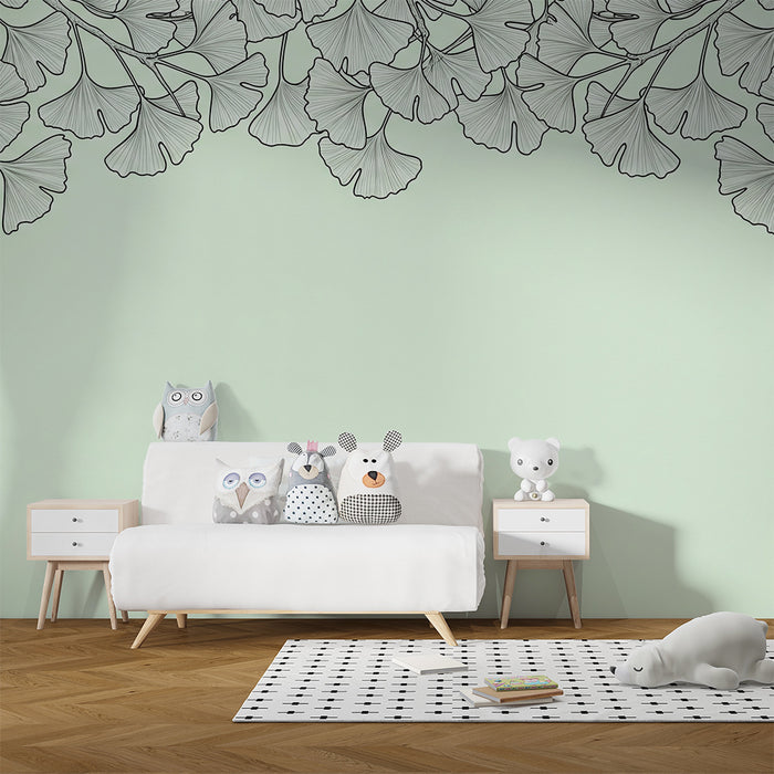 Papel de parede para quarto de bebé | Folhas de ginkgo delicadas sobre fundo verde pastel