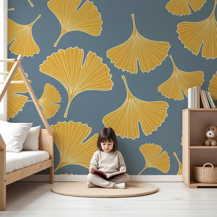 Papier peint chambre bébé | Feuilles de ginkgo dorées sur fond bleu